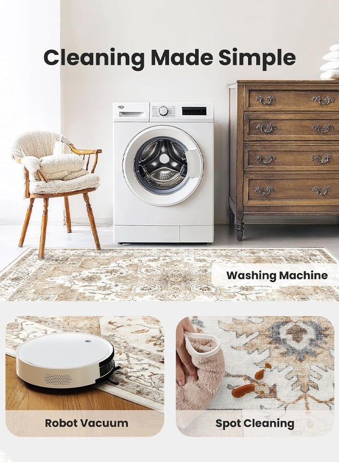 Optico Area Rugs for Living Room, Machine Washable Non Slip Vintage Rugs, Vintage Non-Slip Thin Large Size Beige Area Rug Low Pile Lightweight Chenille Print Rug for Bedroom, Dining Room, Home Office - Image 2